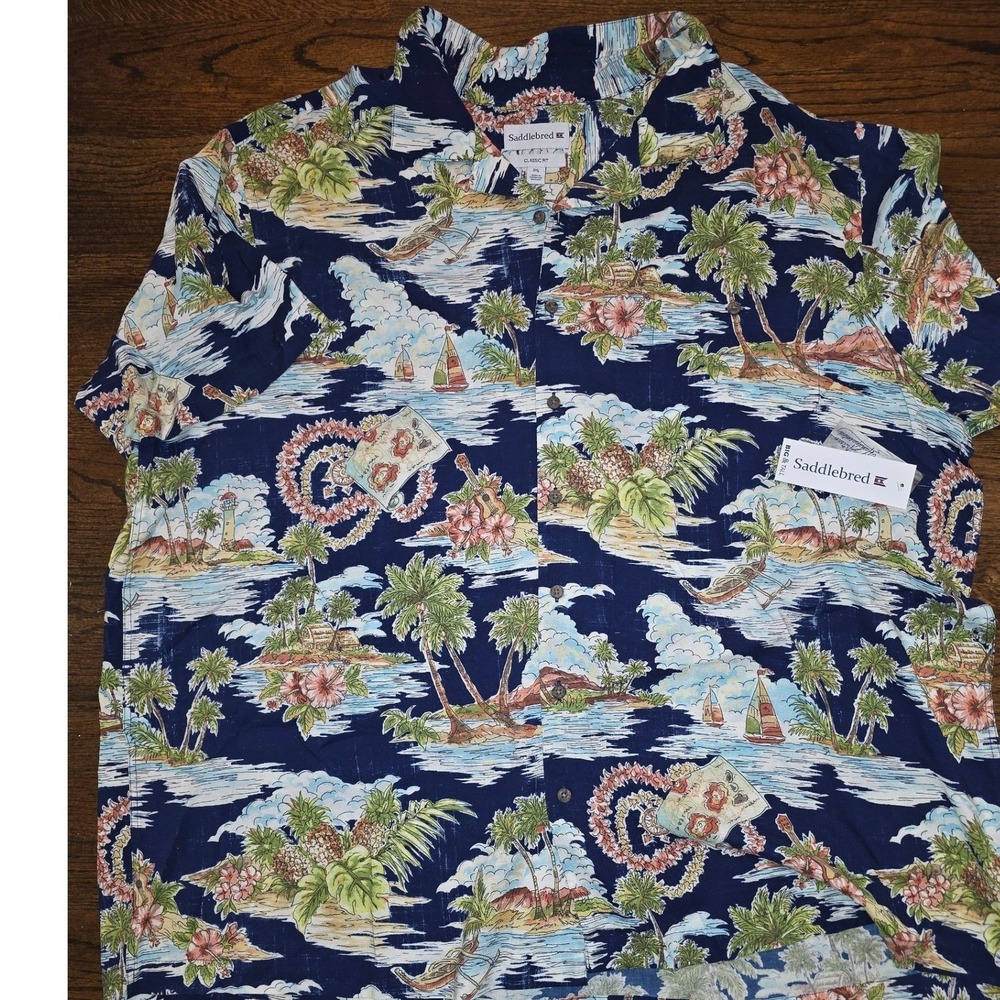 NWT Saddlebred Button Down Shirt Mens 3XL Blue Tropical Island Rayon Hawaiian